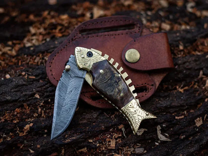 Texan Knives Custom Handmade Fish Style Damascus Steel Folding Knife with Sheep Horn & Brass Handle - Includes Leather Sheath