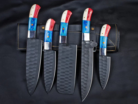 Texan Knives Custom Hand Forged Carbon Steel Chef's Knife Set - 5 PCS BBQ & Kitchen Knives | Ideal Anniversary Gift for Him