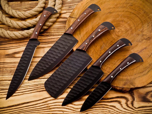 Texan Knives 5 Pcs Kitchen Knife Sets – Forged Stainless Steel Blades with Rosewood Handles & Leather Sheath