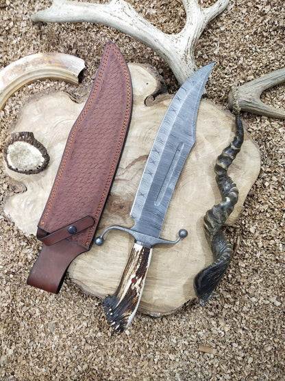 KBS Knives Custom Handmade Bowie Knife with Twisted Damascus Steel Blade and Antler Horn Handle - 15 Inches