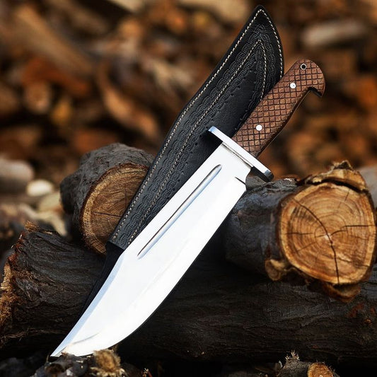 KBS Knives Collins & Co. Bowie Knife – 15.5" Full Tang D2 Steel Blade with Engraved Rosewood Handle & Leather Sheath