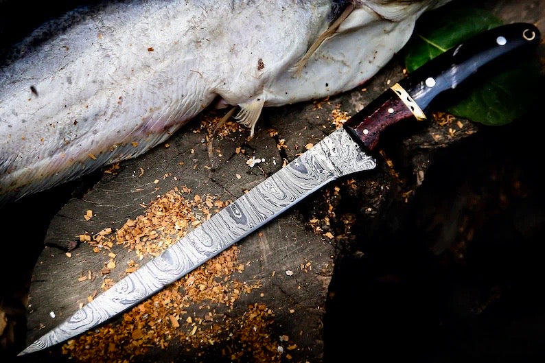 Texan Knives Handmade Damascus Fillet Knife – 13” Buffalo Horn, Rosewood & Brass Handle with Leather Sheath