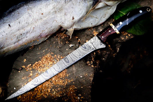 Texan Knives Handmade Damascus Fillet Knife – 13” Buffalo Horn, Rosewood & Brass Handle with Leather Sheath