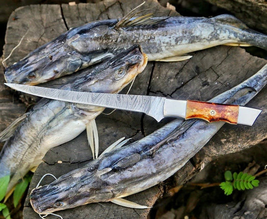 Texan Knives Custom Handmade Damascus Filleting Knife – 13" Camel Bone Handle with Leather Sheath