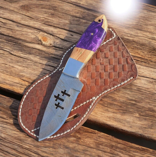 Texan Knives Custom Handmade Damascus Skinner Knife with Olive Wood Handle