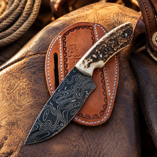 Frontier Cowboy Gear Custom Handmade Damascus Steel Knife with Leather Sheath