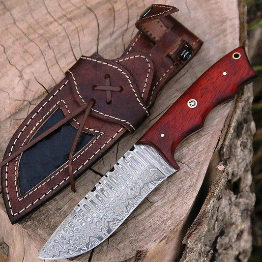 Texan Knives Custom Handmade Damascus Steel Skinner Knife with Padauk Wood Handle – 4.5” Blade