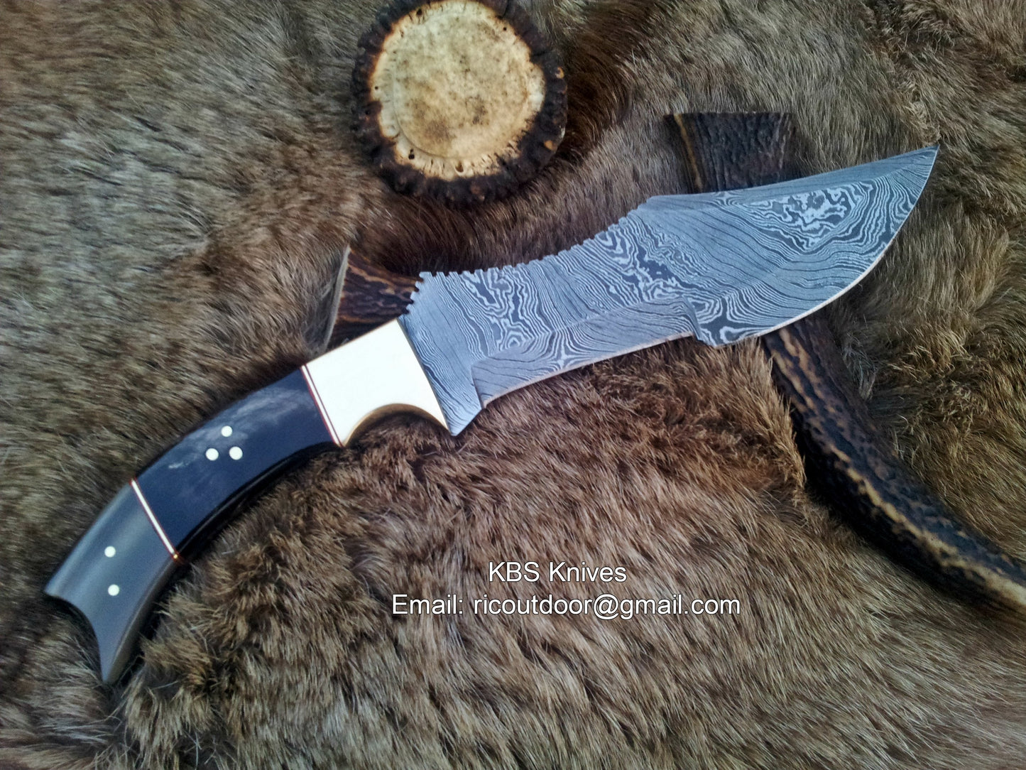 KBS Knives Damascus Steel Blade Tracker Knife with Buffalo Horn Handle & Leather Sheath – Custom Handmade 12-Inch Survival Knife by KBS Knives