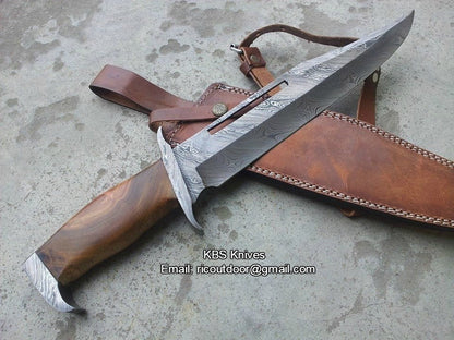 KBS Knives Rambo Knife – Handmade 17" Damascus Steel Blade with Blood Groove & Rosewood Handle