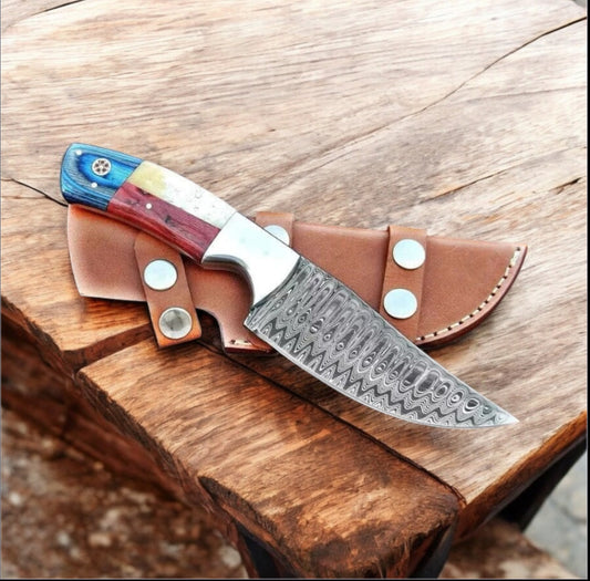 Texan Knives Custom Handmade Texas Flag Damascus Steel Hunting Knife with Exotic Wood-Bone Handle