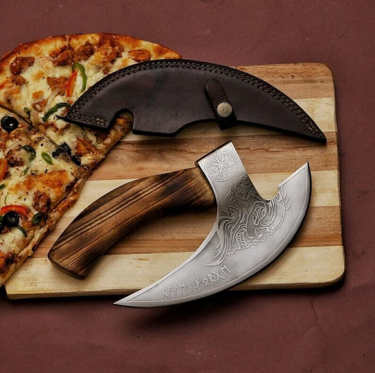 Texan Knives Axe Pizza Cutter – Custom Hand-Engraved J2 Steel Blade with Wooden Handle