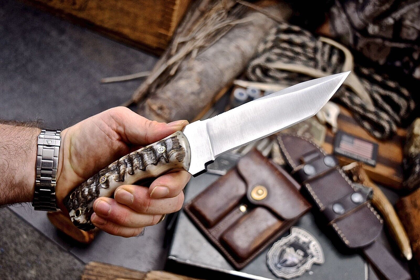 Texan Knives Handmade J2 Steel Skinner Knife with Sheep Horn Handle – 4.5-Inch Blade