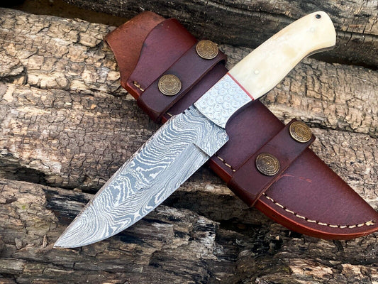 Texan Knives Custom Handmade Damascus Bushcraft Knife – Camel Bone Handle