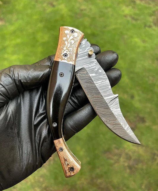 Texan Knives Custom Handmade Damascus Blade EDC Folding Pocket Knife with Color Bone Handle & Brass Engraved Bolster - Includes Leather Sheath