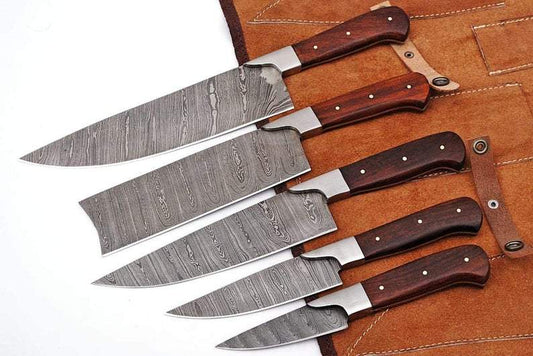 Texan Knives Best Japanese Cutlery Set – 13" Forged Damascus Steel Knife with Bone & Rosewood Handle and Leather Sheath