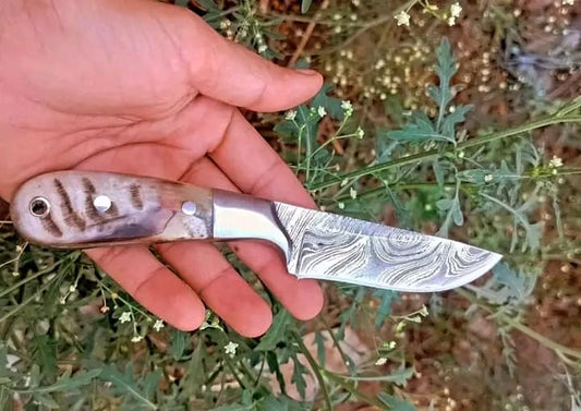 Texan Knives Custom Handmade Damascus Knife in a Belt with Sheep Horn Handle