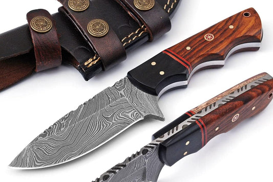 Texan Knives Custom Handmade Damascus Skinner Knife with Buffalo Horn and Rosewood Handle - 4.5" Blade