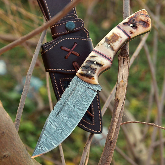 Texan Knives Custom Handmade Damascus Skinning Knife with Sheep Horn Handle – 4.5" Blade