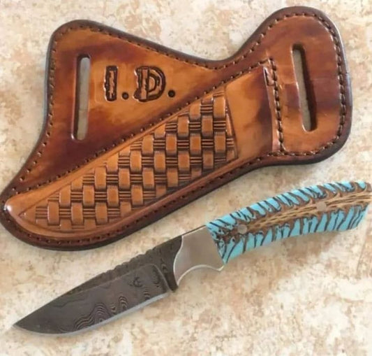 Texan Knives Custom Handmade Damascus Steel Belt Knife with Resin Handle and Leather Sheath