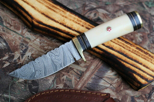 Texan Knives Custom Handmade Damascus Camping Knife with Camel Bone Handle