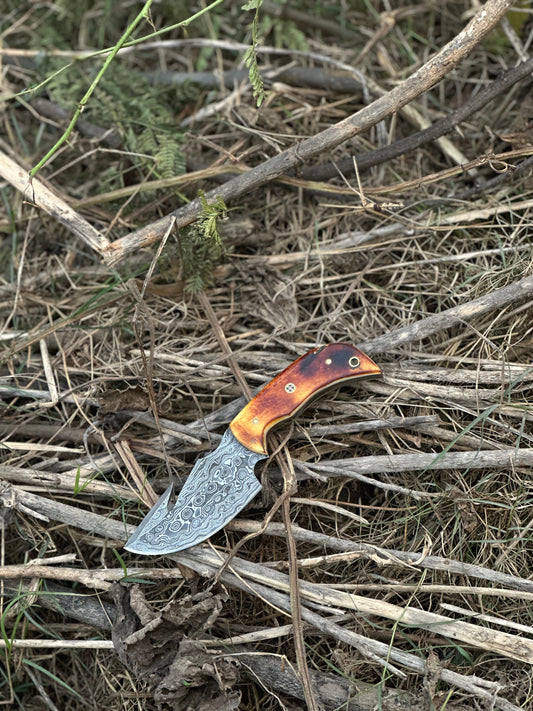 Texan Knives Custom Handmade Damascus Steel Guthook Skinning Knife with Camel Bone Handle - 7.5” Blade with Leather Sheath