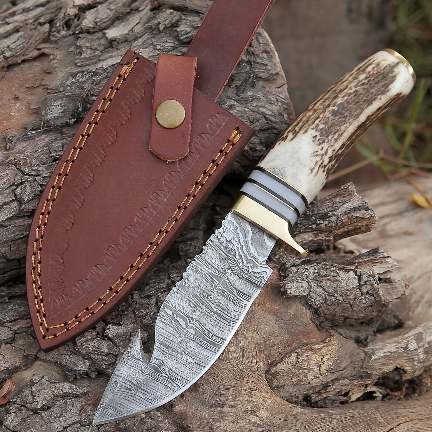 Texan Knives Custom Handmade Damascus Steel Guthook Skinning Knife – 9" Stag Horn & Brass Guard with Leather Sheath