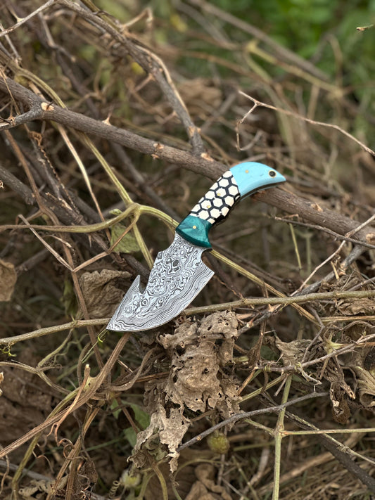 Texan Knives Custom Handmade Damascus Steel Guthook Skinning Knife – Resin Handle 7.5” with Leather Sheath