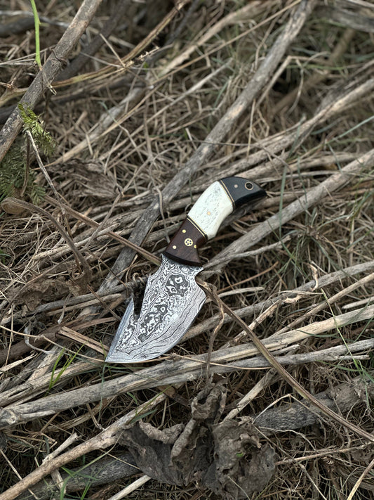 Texan Knives Custom Handmade Damascus Steel Guthook Skinning Knife with Rosewood, Camel Bone & Black Sheet Handle - 7.5” with Leather Sheath
