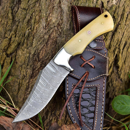 Texan Knives Premium Damascus Steel Skinner Knife – Custom Handmade with Camel Bone Handle