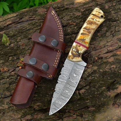 Texan Knives Custom Handmade Damascus Steel Skinner Knife with Sheep Horn Handle – 4.5" Blade