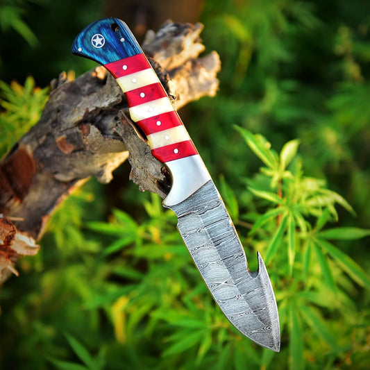 Texan Knives Custom Handmade Damascus Skinning Knife with American Flag Handle
