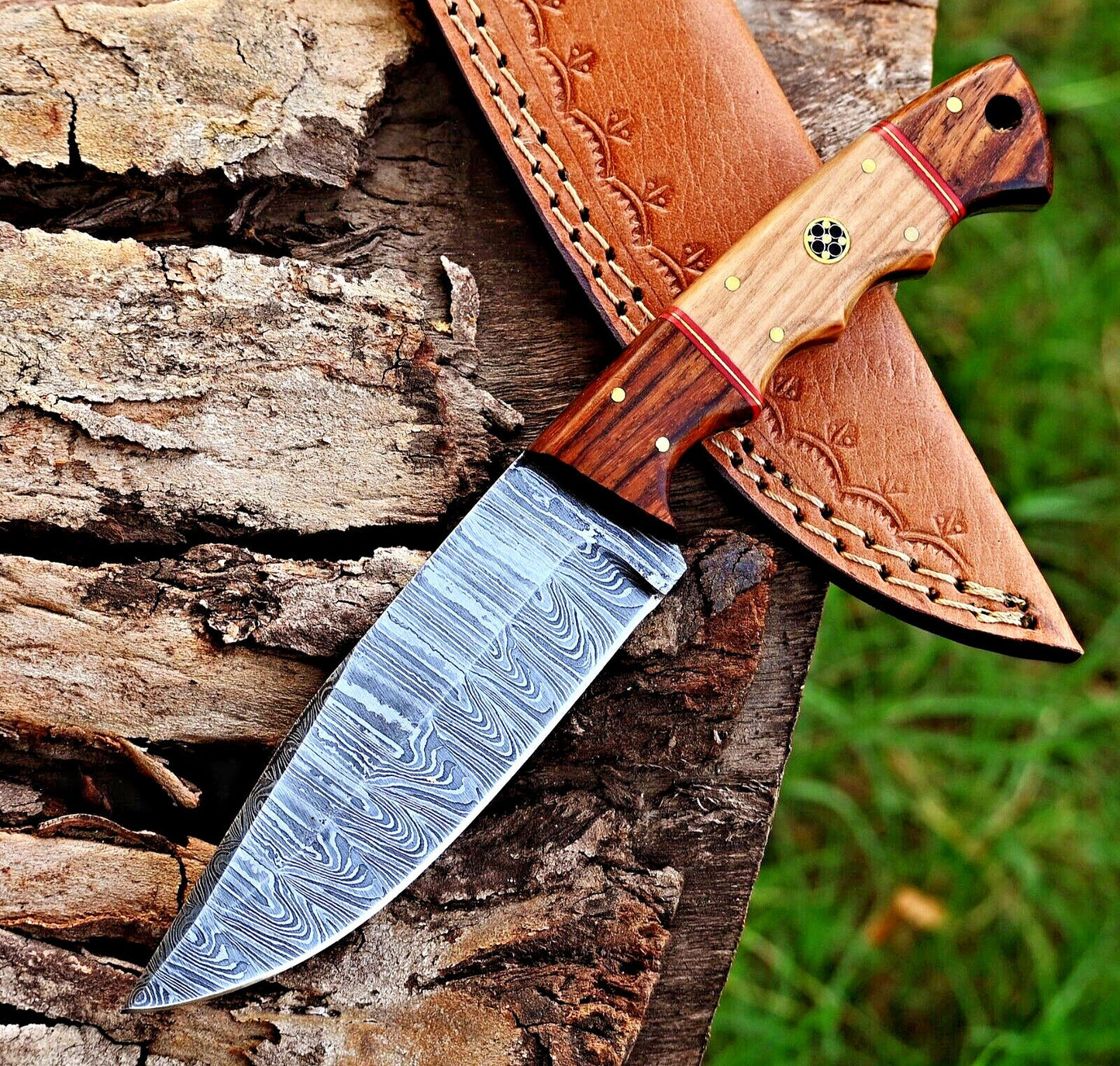 Texan Knives Custom Handmade Damascus Skinning Knife – Olive and Rosewood Handle, 4.5" Blade