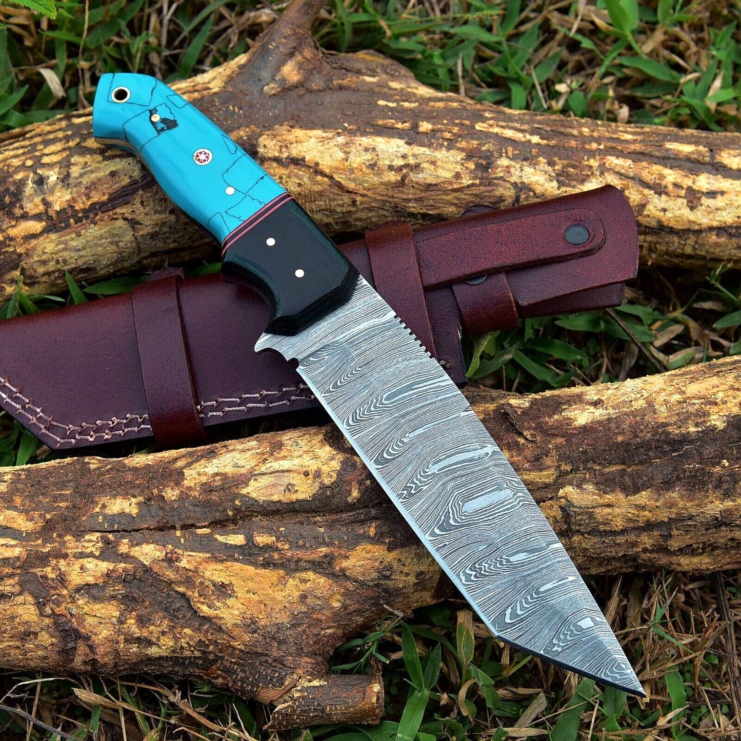 Texan Knives Custom Handmade Damascus Steel Skinning Knife - 4.5" Blade, Resin Handle