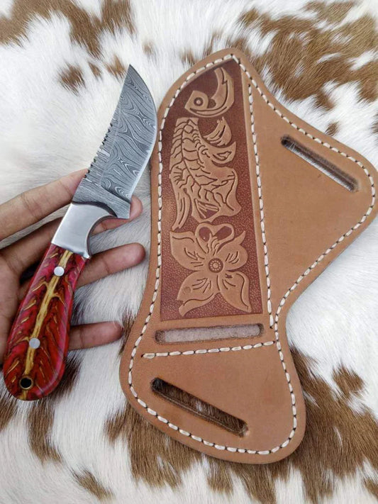 Texan Knives Premium Custom Handmade Cowboy Knife & Leather Sheath – Damascus Steel Blade, Pine Cone Handle