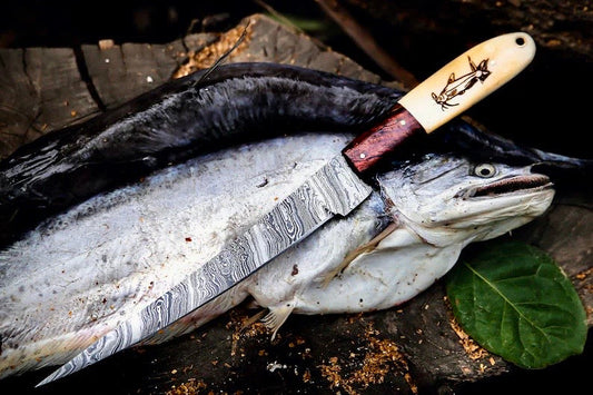 Texan Knives Custom Handmade Filleting Knife for Fish – 13" Damascus Steel Blade with Camel Bone & Rosewood Handle