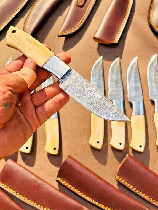 Texan Knives Custom Handmade Skinner Knife – Damascus Steel, Camel Bone Handle