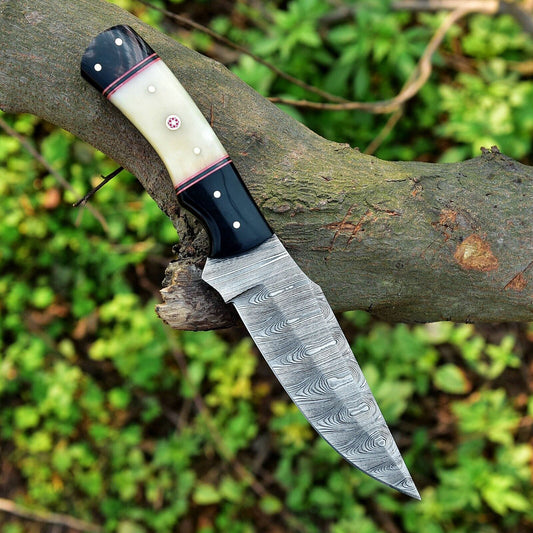 Texan Knives Custom Handmade Skinning Knife Set - 4.5" Damascus Blade, Camel Bone & Resin Handle