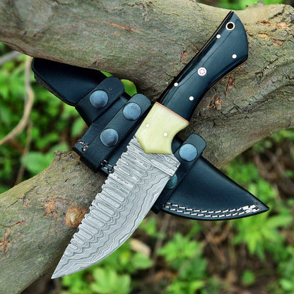 Texan Knives Custom Handmade Skinning Knife - Damascus Steel Blade, Buffalo Horn & Camel Bone Handle