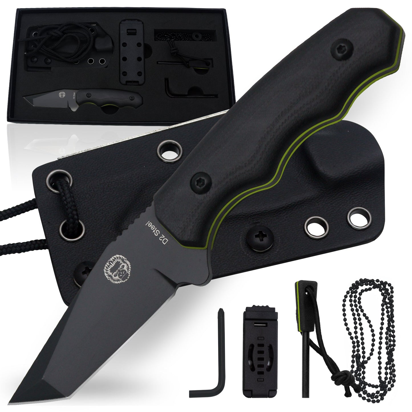 Holtzman's Gorilla Survival The Wakizashi Survival Neck Knife Giftset for Outdoors (Black Blade + Green Liner)