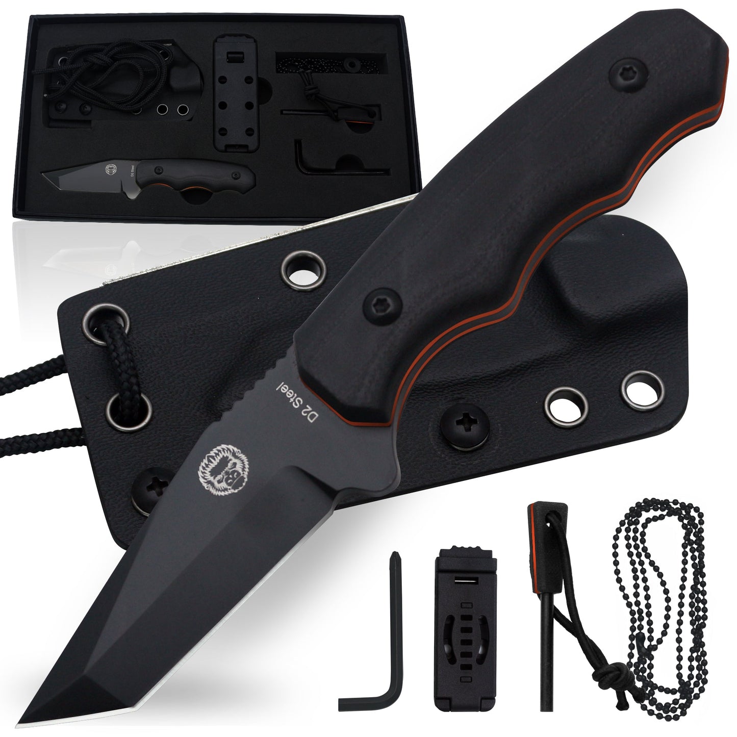 Holtzman's Gorilla Survival The Wakizashi Survival Neck Knife Giftset for Outdoors (Black Blade + Green Liner)