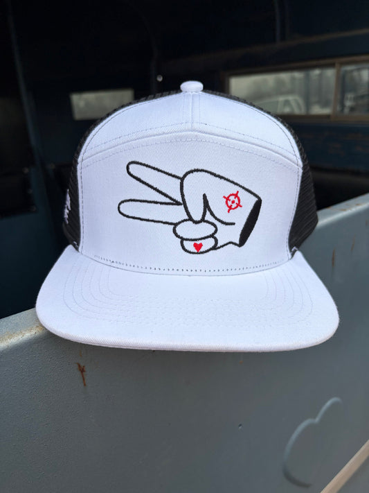 Hustlin Hippie PL Series 7 Panel Mesh Snapback- WHITE/BLACK- BLACK LOGO w/ BOLD style