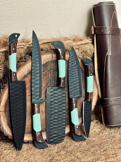 Texan Knives Knife Set – 13" Forged Stainless Steel Blade with Wenge Wood & Resin Handle + Leather Sheath