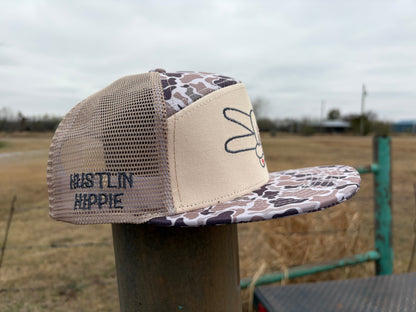 Hustlin Hippie PL Series 7 Panel Mesh Snapback- TAN/CAMO- GREY LOGO w/ BOLD style