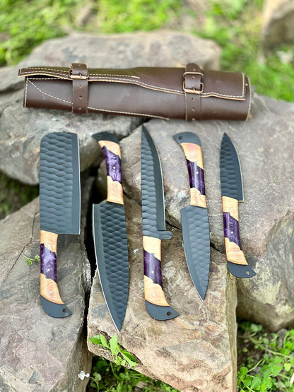 Texan Knives Best Knife Block Set – 13" Forged Stainless Steel Blade with Olivewood & Epoxy Resin Handle + Leather Sheath