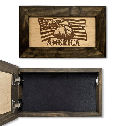 Bellewood Designs - American Flag with Bald Eagle Patriotic Decorative Wall-Mounted Secure Gun Cabinet