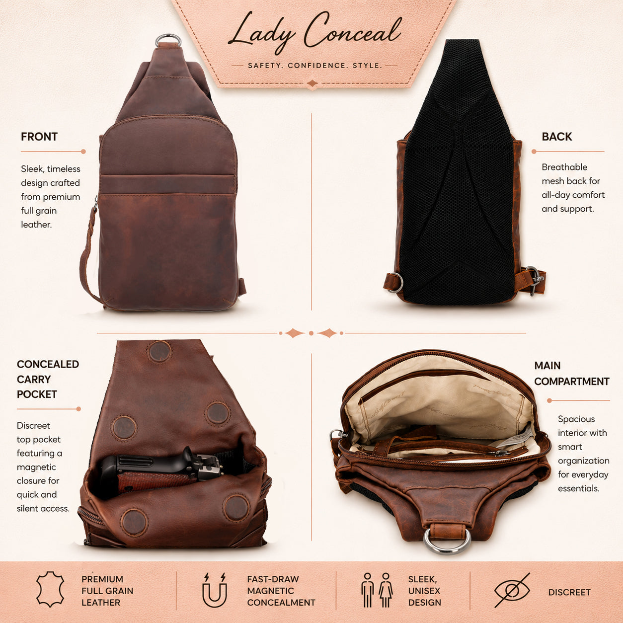 Concealed Carry Unisex Dakota Leather Sling by Lady Conceal