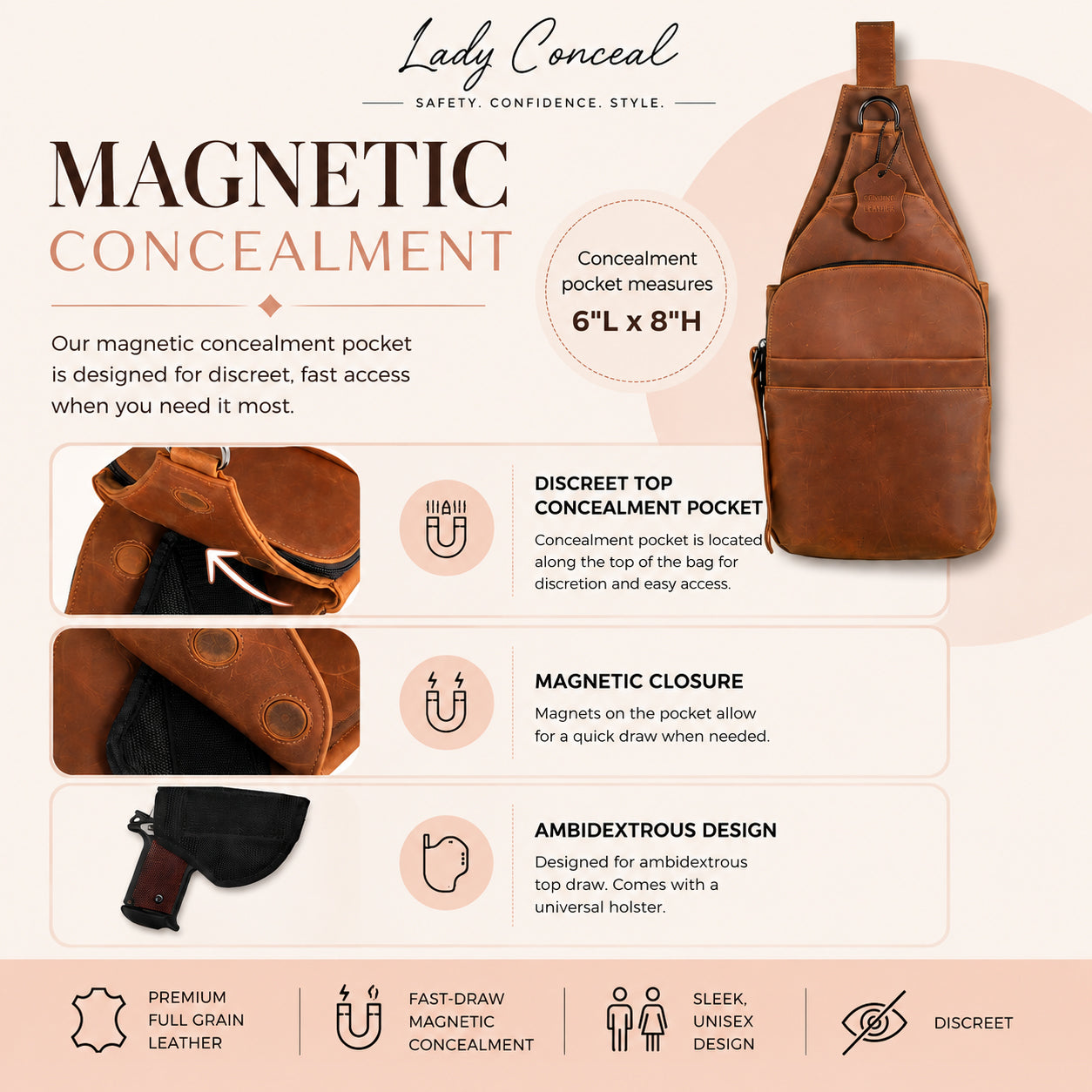 Concealed Carry Unisex Dakota Leather Sling by Lady Conceal