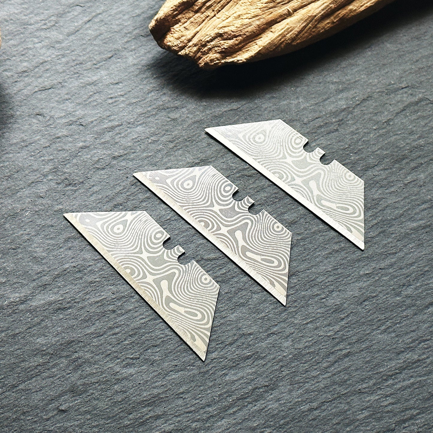 Stinger Survival Tools Laser Engraved Utility Edges, Tool Replacements - Damascus Style (Trapezoid 3 pcs - Silver)