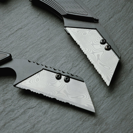 Stinger Survival Tools P01 Partially Serrated Utility Blade Replacement - Laser Engraved Silver Damascus Style (3 pcs)