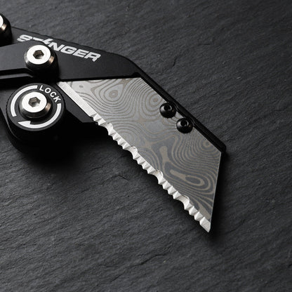 Stinger Survival Tools P01 Partially Serrated Utility Blade Replacement - Laser Engraved Silver Damascus Style (3 pcs)